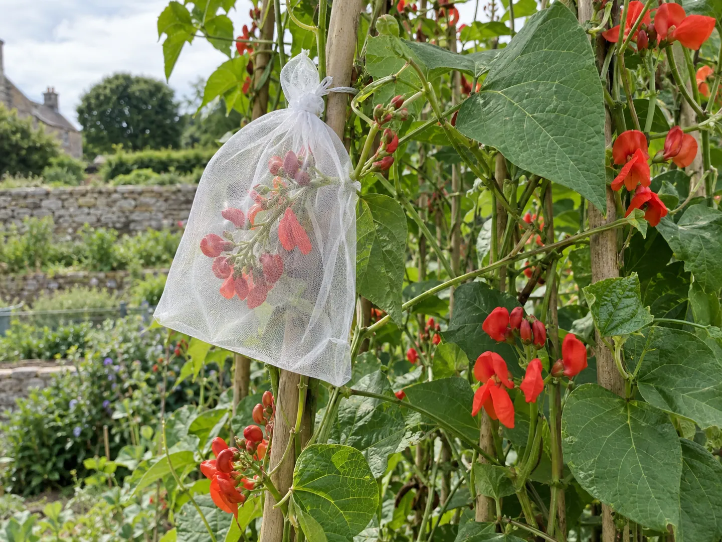 A runner bean plant in a vegetable garden with a fine net bag tied over one flower truss