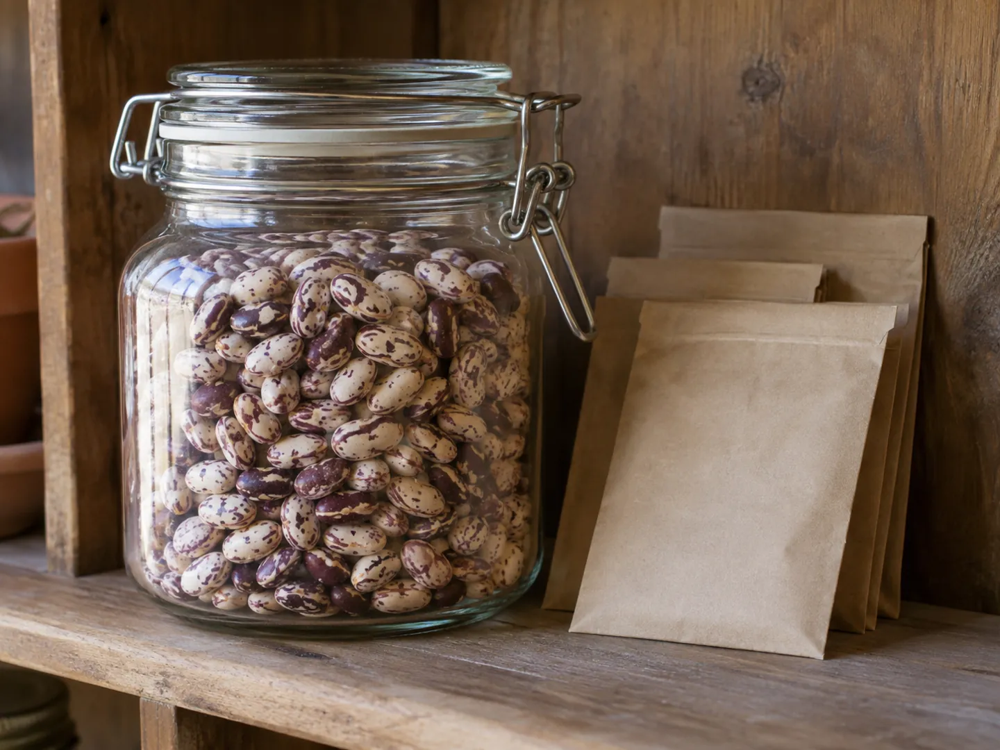 A glass storage jar of dried bean seeds on a cool pantry shelf