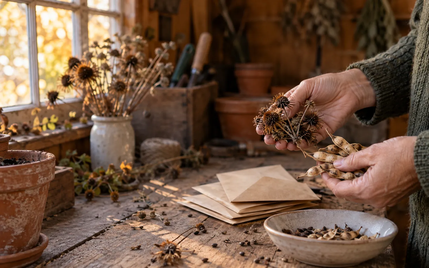 Hands holding dry brown seedheads and pods over paper envelopes on a wooden potting bench